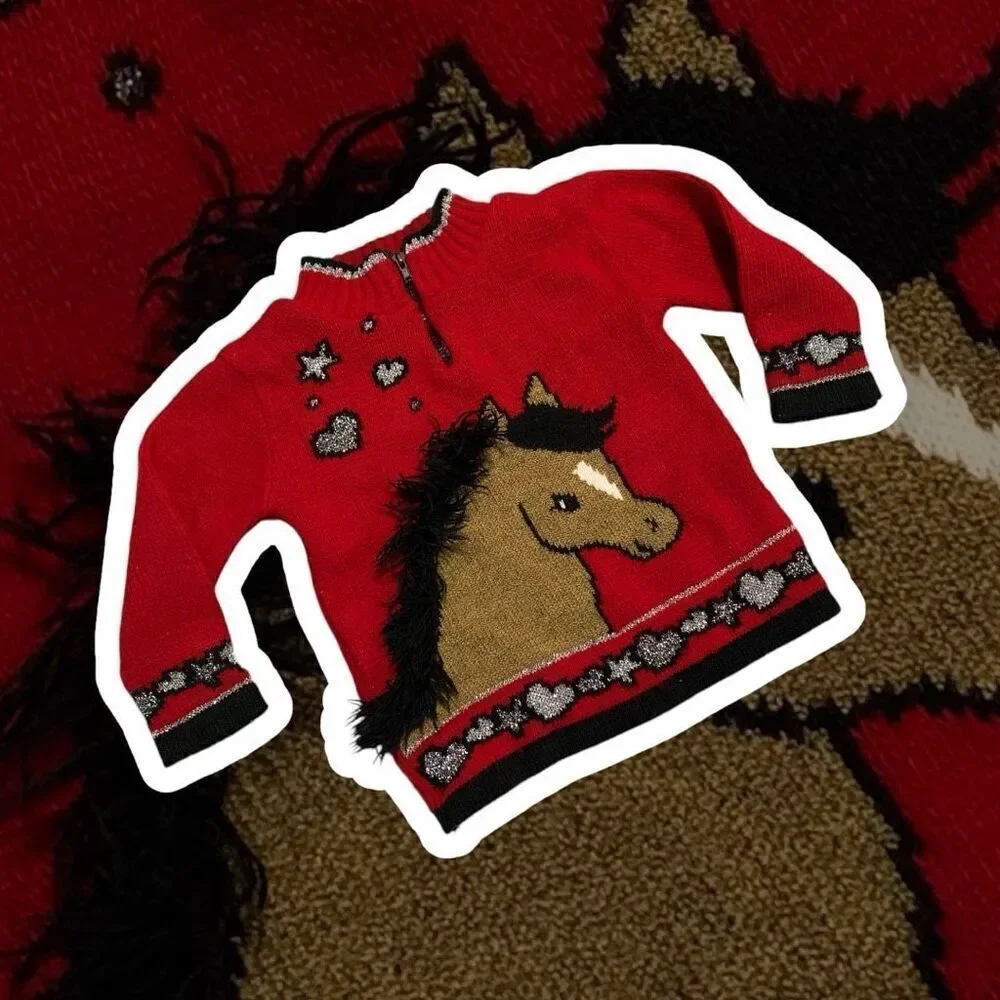 Vintage Chill Stoppers Horse Pony Sweater 2T Toddler Red Black 3D